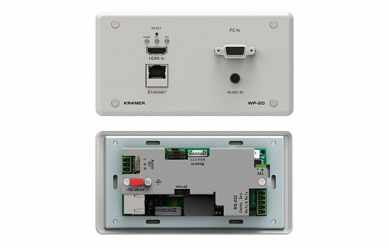 Передатчик VGA/HDMI, Ethernet, RS-232 и стерео аудио по витой паре HDBaseT; поддержка 4К60 4:2:0, цвет белый Kramer WP-20/EU(W)-86