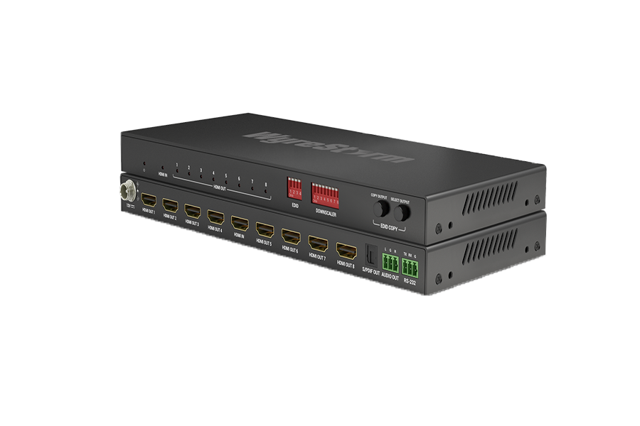 Разветвитель 1x8 HDMI, 4K HDR 4:4:4 60Гц, HDCP 2.2, с масштабатором 4К/1080p, с де-эмбедированием аудио, управляемым EDID и CEC WyreStorm SP-0108-SCL Разветвитель 1x8 HDMI, 4K HDR 4:4:4 60Гц, HDCP 2.2, с масштабатором 4К/1080p, с де-эмбедированием аудио, управляемым EDID и CEC WyreStorm SP-0108-SCL