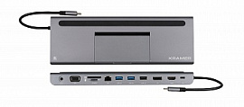 Kramer KDOCK-4 Переходник USB 3.1 тип C вилка на HDMI розетку, VGA розетку, DisplayPort розетку, Ethernet розетку, Аудио розетку, разъемы для карт SD и MicroSD, 2хUSB 3.0 розетку, USB 2.0 розетку и розетку USB 3.1 Type-C для зарядки мобильных устройств